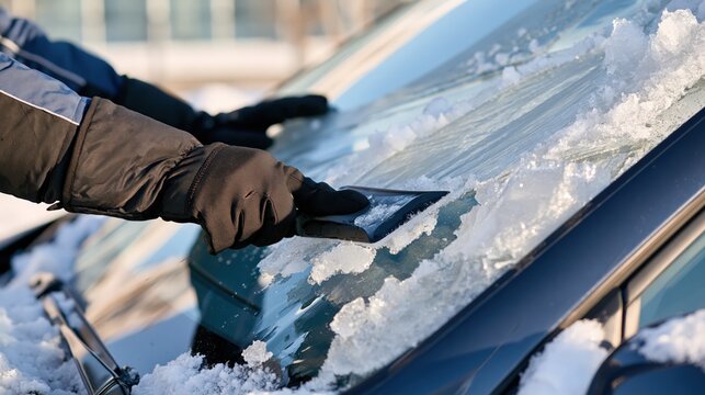 Person wearing gloves scrapes ice off a car windshield on a sunny winter day.