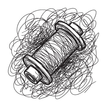Expressive abstract gestural sketch of a vintage film canister with chaotic scribble lines, black and white artistic drawing