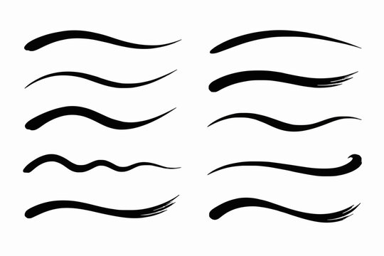 Hand drawn black paint brush strokes and text underline swoosh vector elements