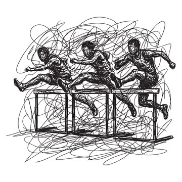 Abstract gestural sketch of three runners jumping over hurdles in an expressive scribble drawing style representing motion and speed