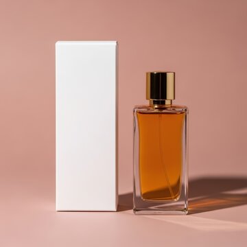 Elegant amber perfume bottle with box on pastel background