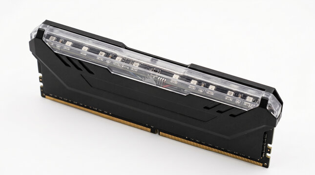Modern DDR4 RAM memory module with black heatsink and RGB lighting on white background.