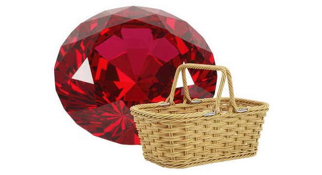 Gold basket with big red gemstone isolated on transparent background