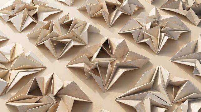 Abstract geometric paper art folded into intricate star and polygon patterns creating a textured relief surface background