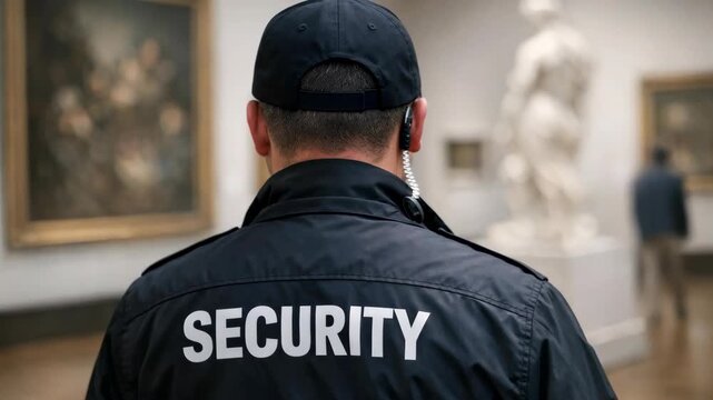 Security guard in uniform patrolling an art gallery