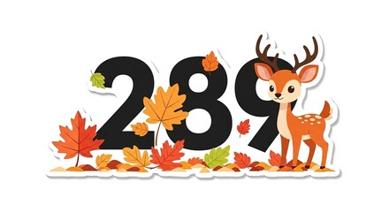 Naklejka premium Cute Cartoon Deer and Number 289 with Autumn Leaves