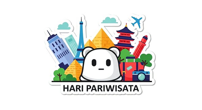 Cute Cartoon Bear and World Landmarks Illustration for Travel and Tourism Celebration