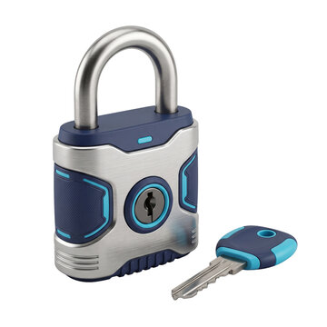 Modern Padlock and Key with Blue Accents and Brushed Metal Finish PNG Isolated on transparent background