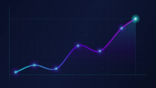 Glowing neon financial chart rising upward with dynamic data points on grid