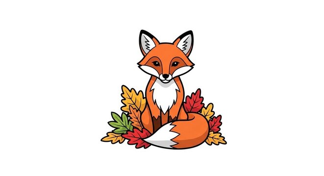 Cute Cartoon Fox Sitting Amongst Autumn Fall Leaves, Vibrant Seasonal Illustration
