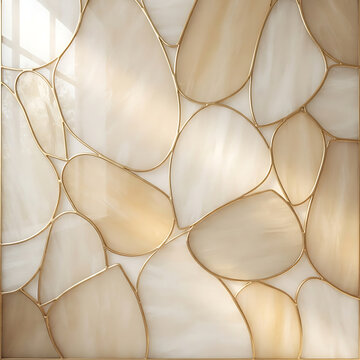 Luxury abstract beige onyx stone slice mosaic background with gold outlines