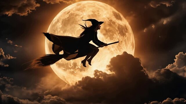 Flying witch silhouette on broom against giant full moon and dramatic clouds in spooky Halloween night sky