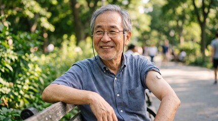 Fototapeta premium Elderly man smiles while sitting on a park bench outdoors