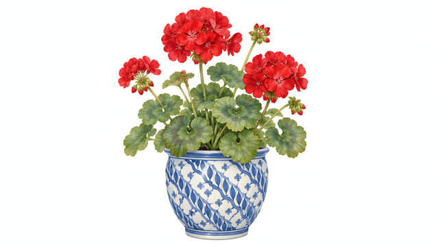Watercolor Red Geranium Plant in Blue and White Indonesian Batik Pot
