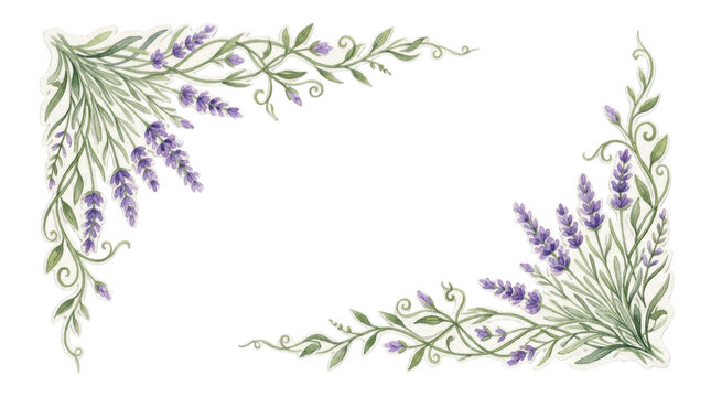 Watercolor lavender floral corner border isolated on transparent background