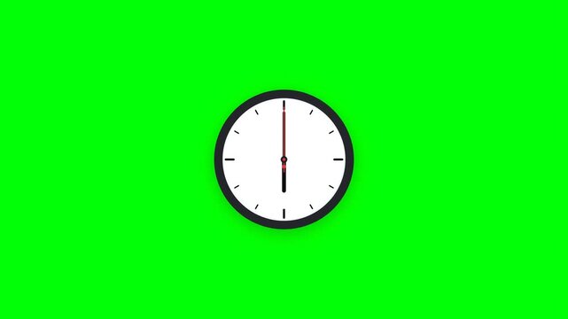 Clock hands move steadily on a green screen. The clock face is simple, with black markings and a thin frame. No people or animals appear in the footage. Ideal for time-lapse or background projects