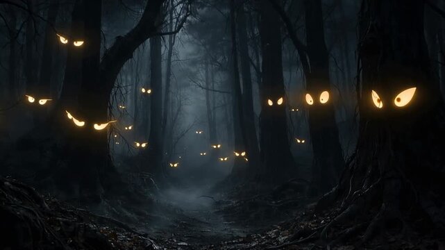 Glowing mysterious eyes hidden among dark trees in a foggy haunted forest creating a spooky night scene