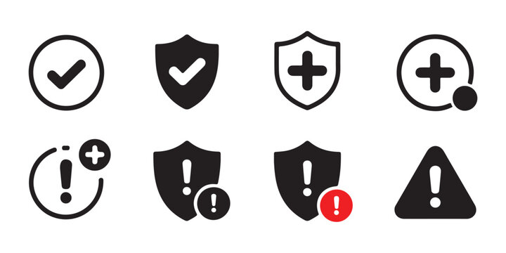 Set of security and warning icons including shield check mark and cross.