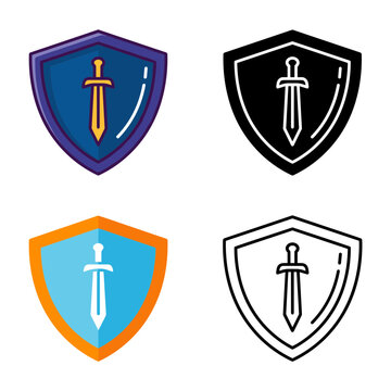 Security shield with sword icon set in colored vector graphic, solid glyph, flat and line art style