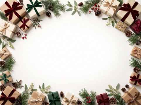 Christmas gift box frame with pine branches and red berries on white surface for festive holiday shopping backgrounds with border frame and copy space