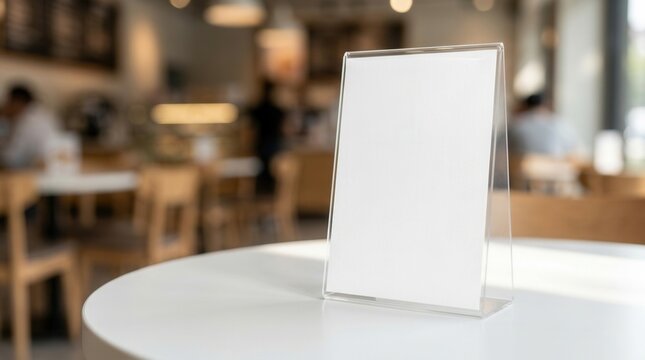 Empty white menu card inside an acrylic stand on a round table for cafe design layout.