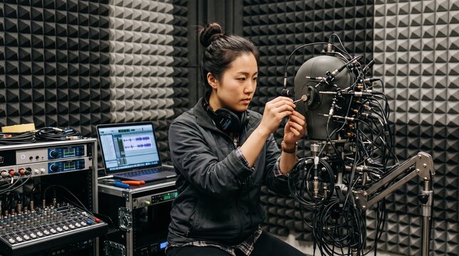 Woman adjusts microphone in sound recording studio with acoustic foam panels