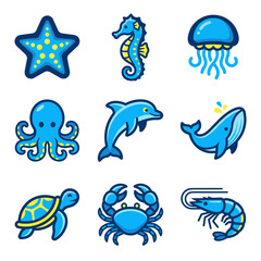 Fototapeta premium Cute Marine Sea Life Vector Icon Set Featuring Dolphin Whale Turtle Crab Octopus Seahorse Aquatic Animals