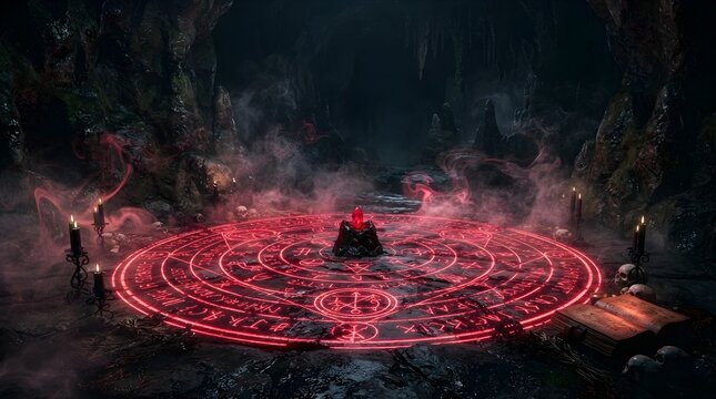 Glowing red magic circle ritual inside a dark cave with candles, smoke, spellbook, and a red crystal, dark occult fantasy concept.