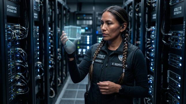 Woman technician examining glowing server rack in data center