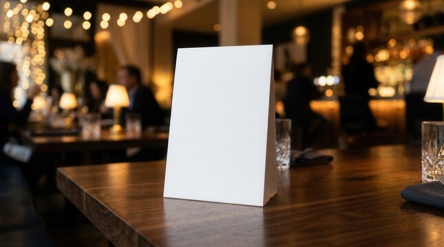 Vertical tent card frame mockup for menu design in a restaurant setting.