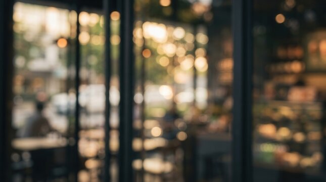 Out of focus cafe window view featuring warm bokeh background.