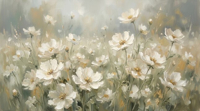 A dreamy field of spring wildflowers in white with a moody vintage atmosphere.