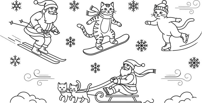Christmas winter sports line art vector set featuring isolated linear santa claus cats skiing snowboarding sledding and ice skating