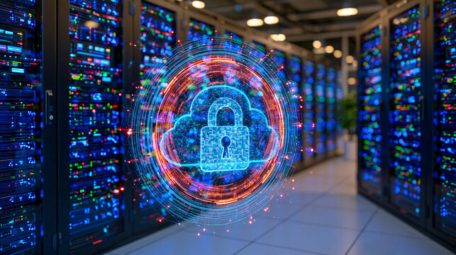 Advanced secure data center infrastructure with neatly arranged server racks, encrypted cloud data represented by glowing connections and a prominent digital padlock, IT security and enterprise tech
