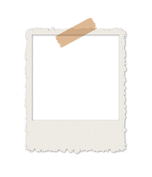 Vintage polaroid photo frame with torn edges and adhesive tape isolated on transparent background