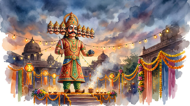 Watercolor painting of Ravana effigy against dramatic cloudy sky.