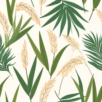 Seamless Pattern of Rice Ear Plants and Tropical Green Palm Leaves