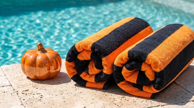 halloween themed towels and small pumpkin by a swimming pool on sunny day with clear water