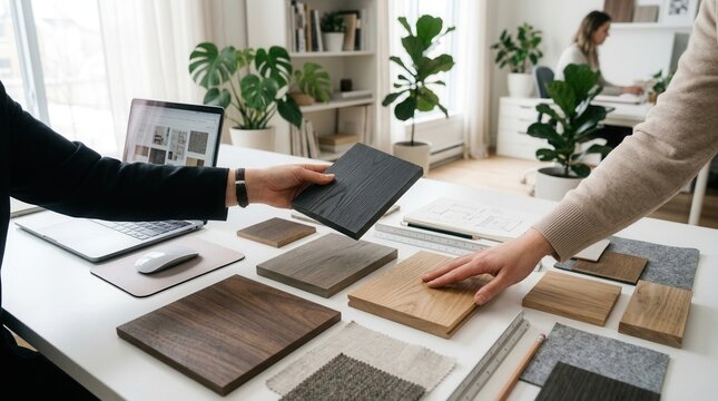 Selecting eco friendly wooden material samples for a sustainable home decor project.