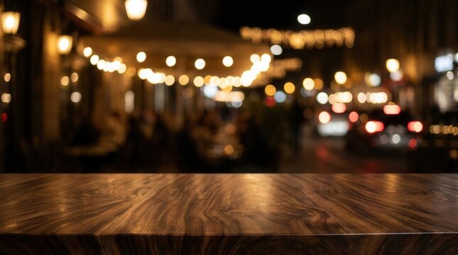 Mock up space on an empty dark wooden table against a blurred restaurant background.
