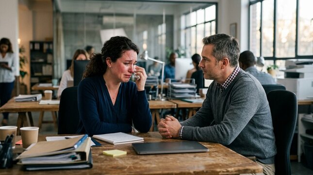 Woman Crying at Work, Man Comforting Her, Office Discussion, Sadness, Support