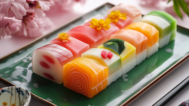 Assorted colorful Japanese kamaboko fish cake pieces and sushi styled sweets arranged neatly on a green rectangular plate with cherry blossoms