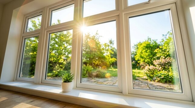 Abundant natural light shines through large energy efficient windows overlooking green trees.