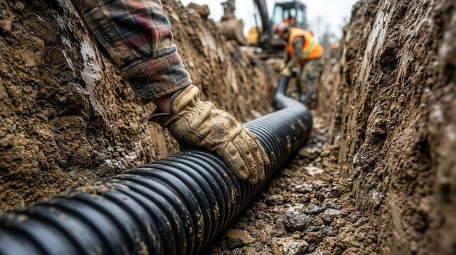 Installing black corrugated drainage pipe in a dirt trench for effective water management.