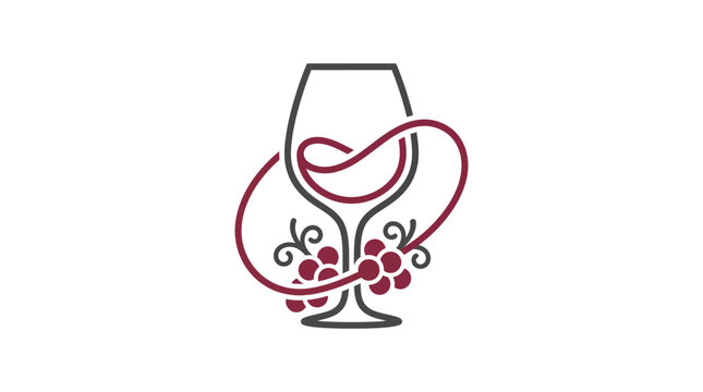 Wine glass stands next to a cluster of grapes in this elegant and clean linear logo design.