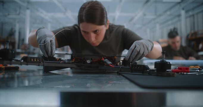 Young Female Specialist Wearing Protective Gloves Uses Precision Screwdriver Assembling FPV Drone Frame. Focused Woman Connects Electronic Flight Controller Wiring in Modern UAV Production Facility.