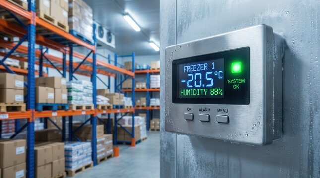 Warehouse food safety management system featuring a temperature and humidity monitoring device.