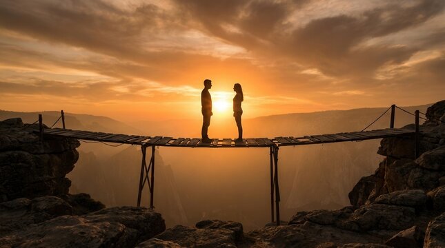 Two silhouettes represent mutual support and trust while standing on a narrow span between cliffs.