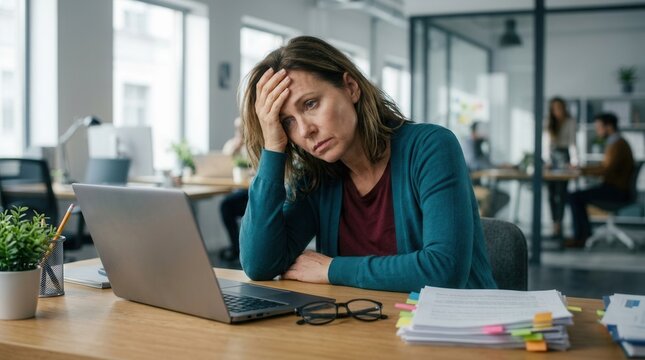 An exhausted, sad woman working in a professional office environment feeling depressed.