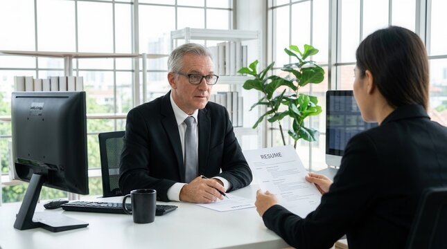 Focused business interaction between a recruiter and a job applicant reviewing a resume.